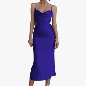 LYANER Women's Satin Cowl Neck Straps Slip Sexy Cut Out Cocktail Midi Dress